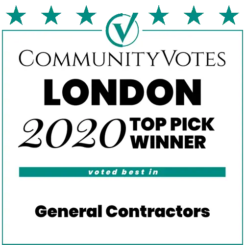 CommunityVotes London 2020 Top Pick Award badge for general contractors, recognizing That Metal Guy’s exceptional scrap metal recycling services.