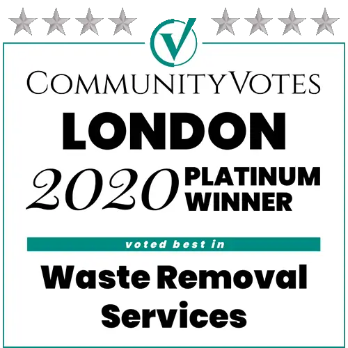 CommunityVotes London 2020 Platinum Award badge for waste removal services, recognizing That Metal Guy’s excellence in scrap metal recycling.