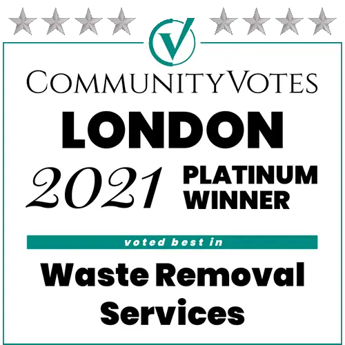 CommunityVotes London 2021 Platinum Award badge for That Metal Guy’s excellence in scrap metal and electronics recycling services.