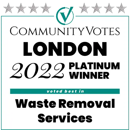 CommunityVotes London 2022 Platinum Award badge for outstanding scrap metal and electronics recycling services by That Metal Guy.