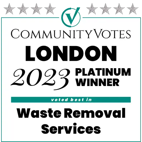 CommunityVotes London 2023 Platinum Award badge for That Metal Guy’s leading waste removal and recycling services in London, Ontario.