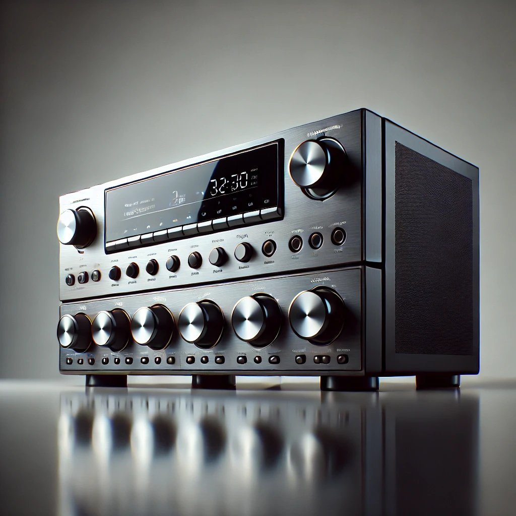 A modern audio-video receiver with multiple knobs and a digital display accepted for Electronics Recycling