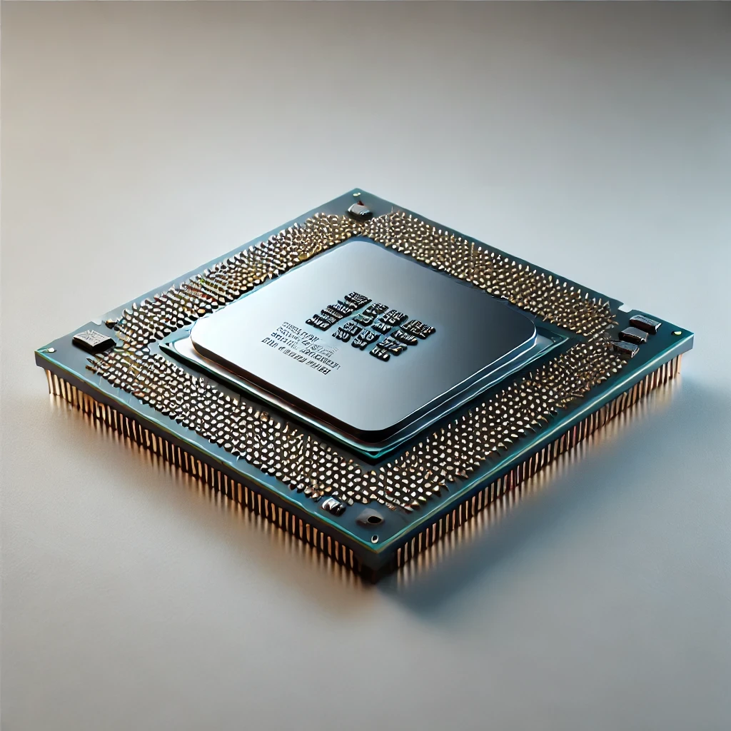 A close-up of a square CPU chip with a metallic top surface accepted for Electronics recycling