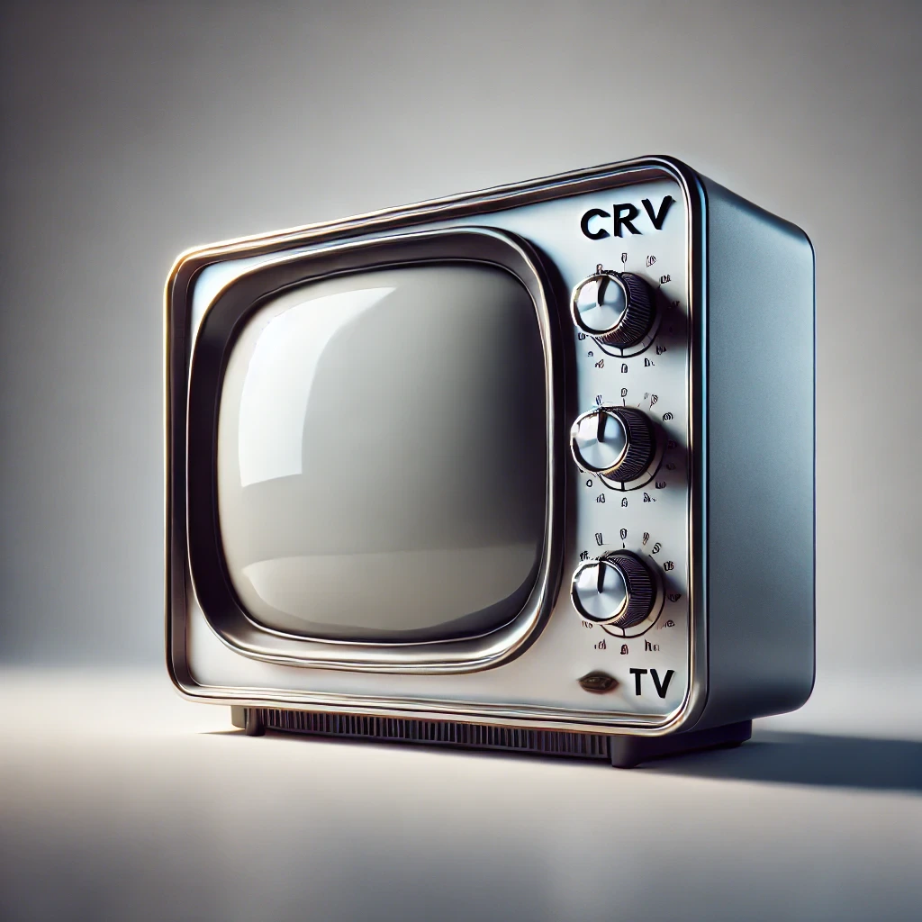 A vintage CRT television with a curved glass screen and analog dials on the side