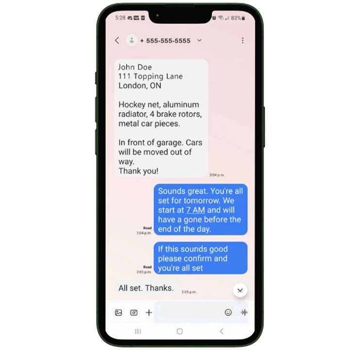 Text Message Booking example showing how to send a booking request for free scrap metal recycling with That Metal Guy in London, Ontario.