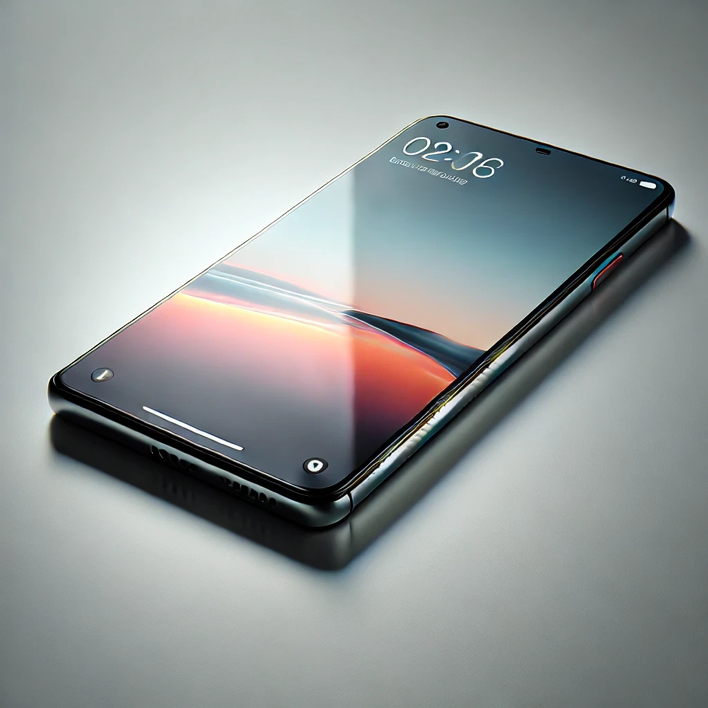 A modern smartphone with a sleek glass front and minimal bezel