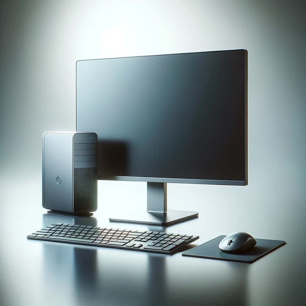 A modern desktop computer setup with a widescreen monitor, keyboard, and mouse on a sleek desk.