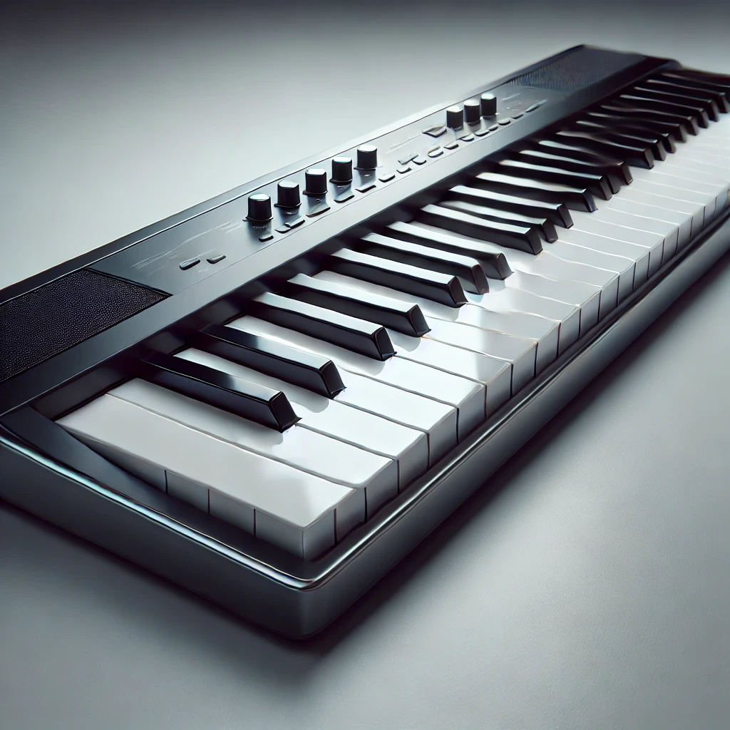 An electronic keyboard with black and white keys and built-in controls