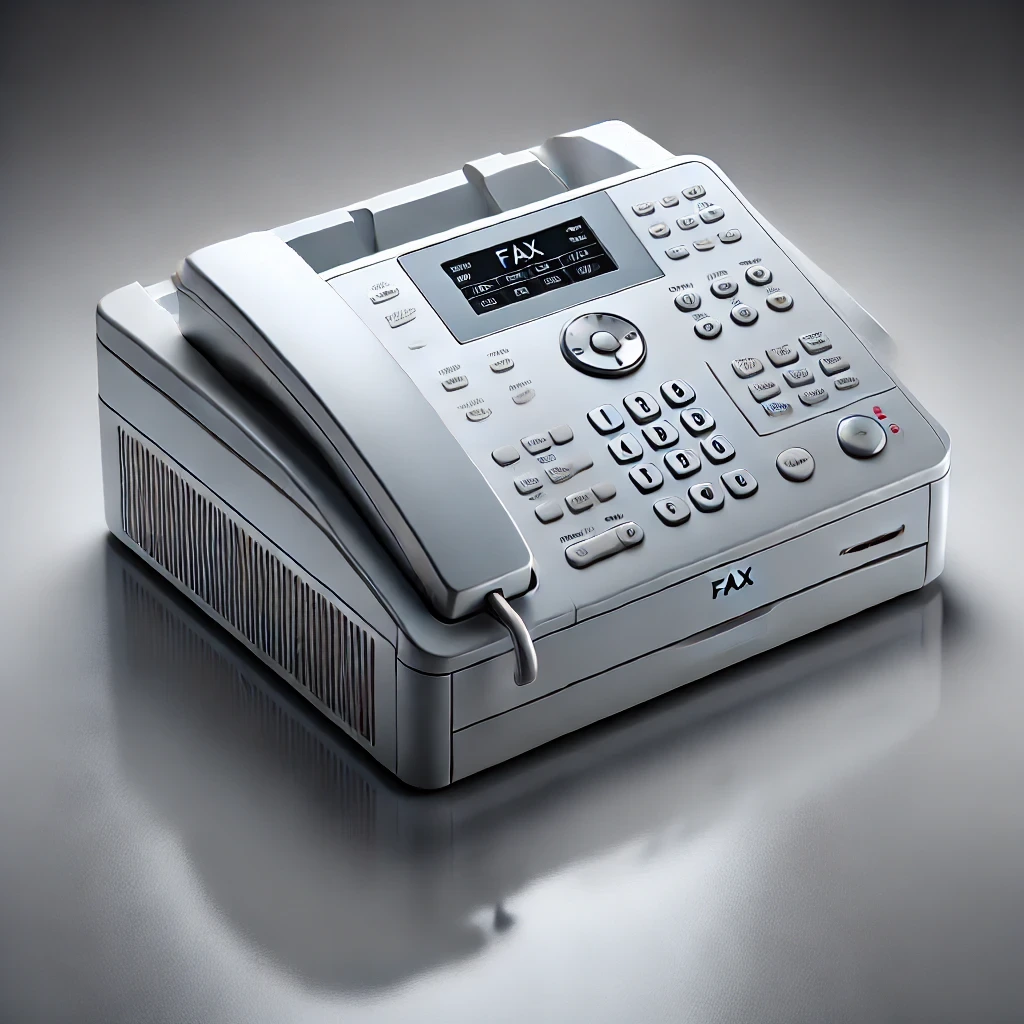 A traditional fax machine with a built-in telephone keypad and paper tray
