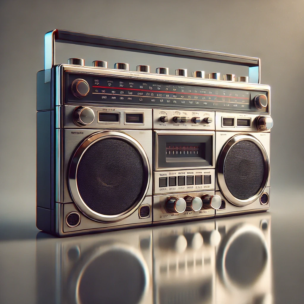 A vintage boombox with dual cassette decks and large front-facing speakers