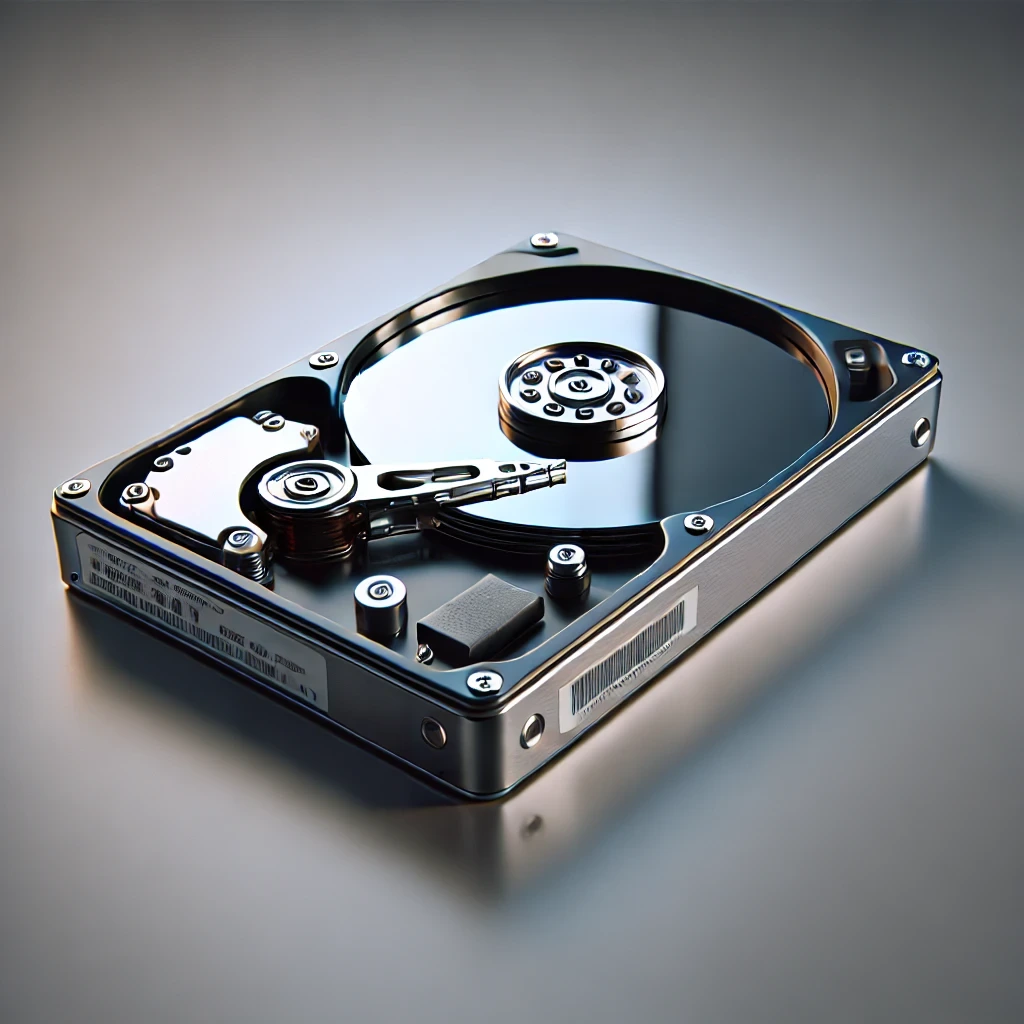 An internal hard drive with an exposed disk platter and read/write head