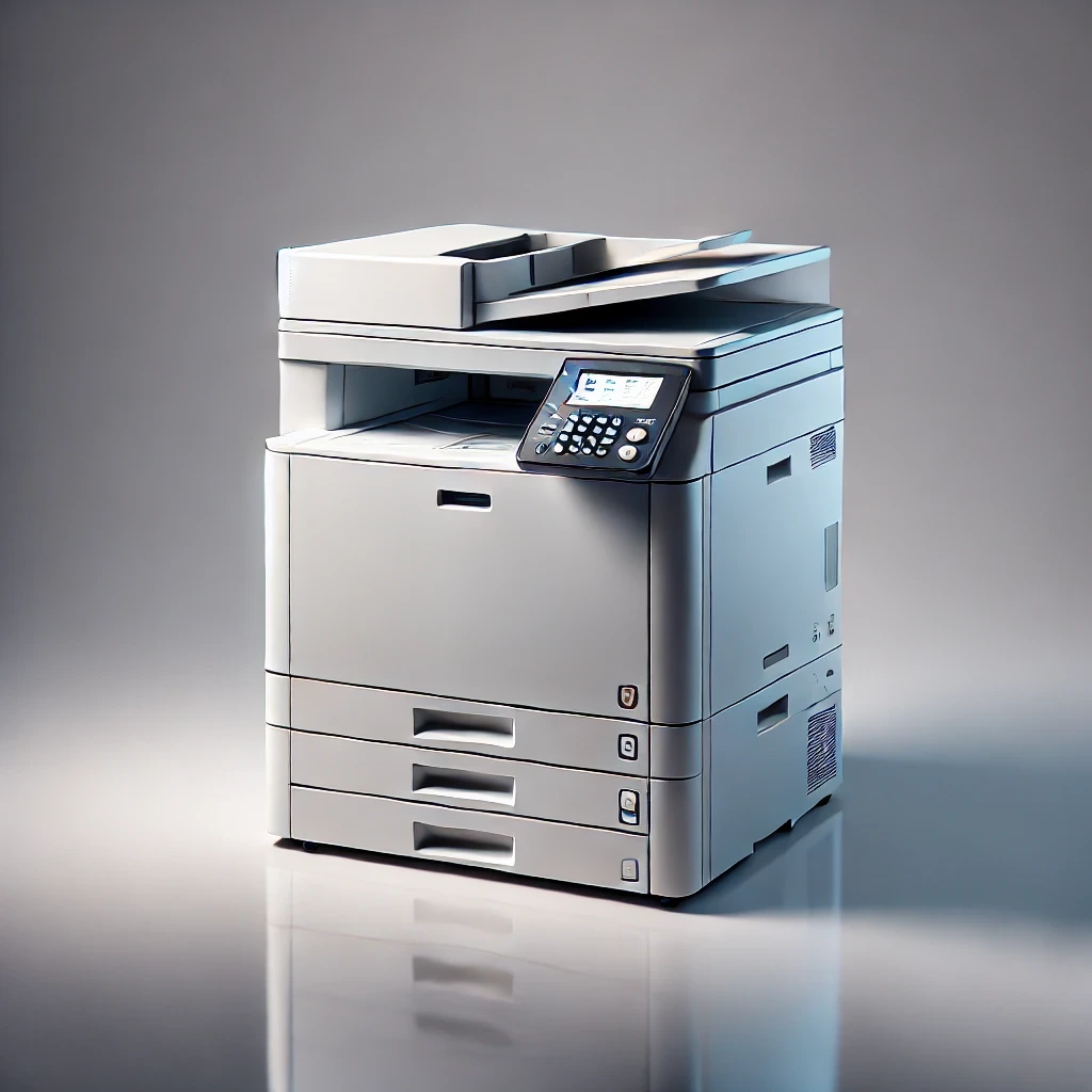 A large office photocopier with multiple paper trays and a digital control panel
