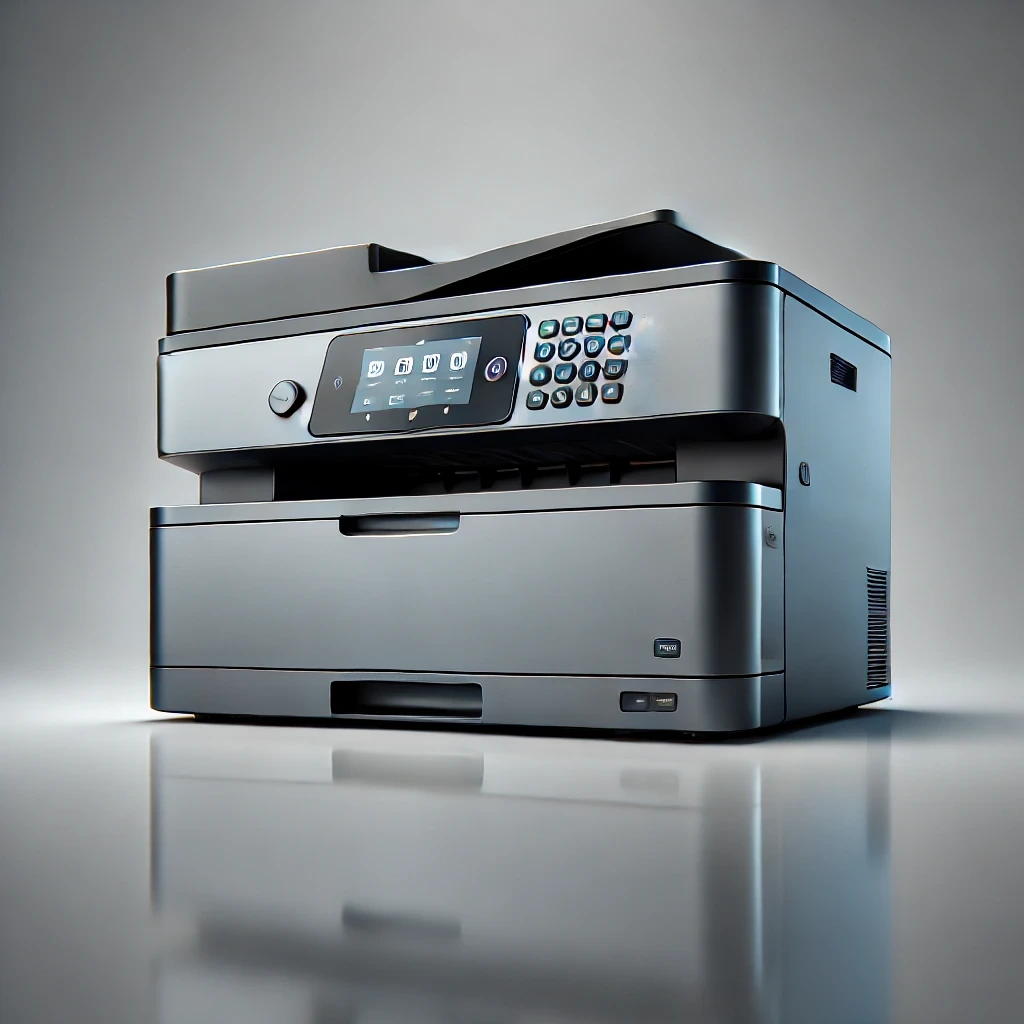 A modern multifunction printer with a built-in control panel and scanning lid accepted for Electronics recycling