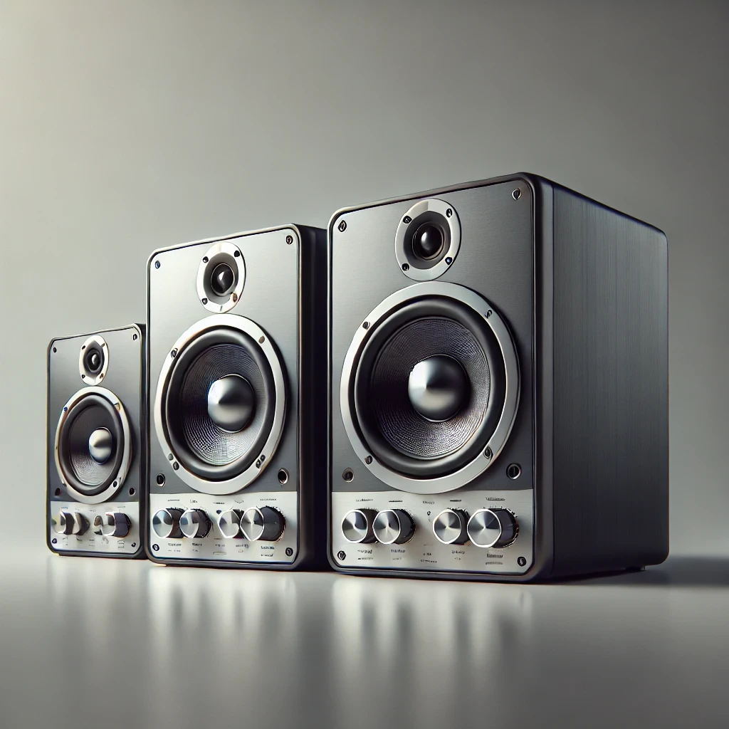 A pair of modern stereo speakers with metallic cones and a sleek finish accepted for Electronics recycling