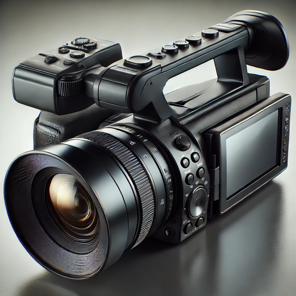 A professional handheld video camera with a large lens and side handle