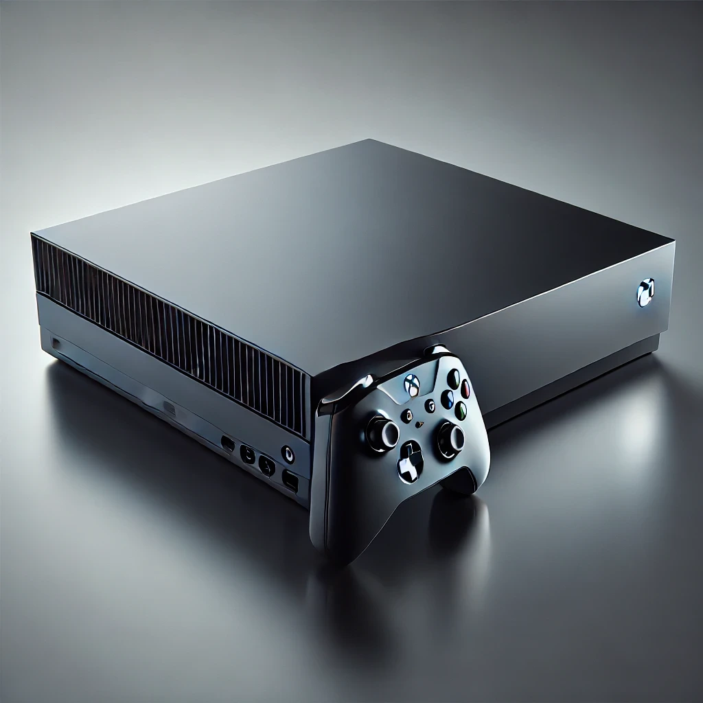 An Xbox One gaming console with a wireless controller placed beside it